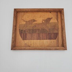 Vintage Marquetry Wood Inlay Framed Art Orca Swimming 9x11" Wall Hanging